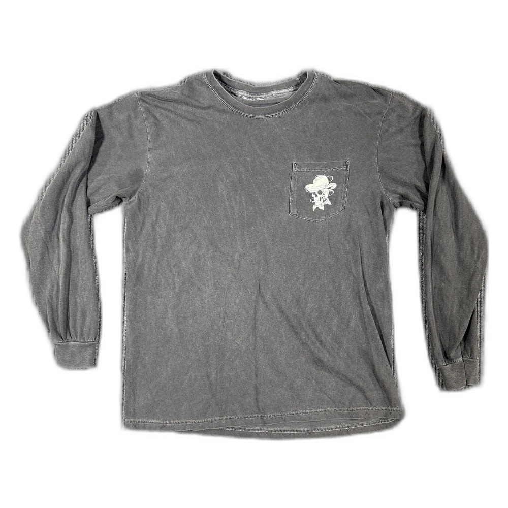 Old Row Mens Long Sleeve Graphic Pocket T-Shirt Gray Skull Cowboy Western Large